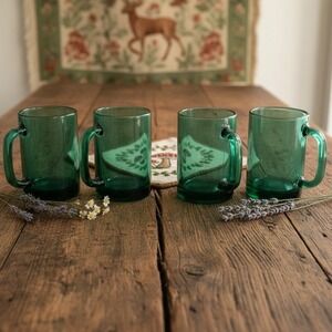 Libbey Juniper Green Coffee Mugs, Set of 4, Vintage Gold Rim Cups, Drinkware